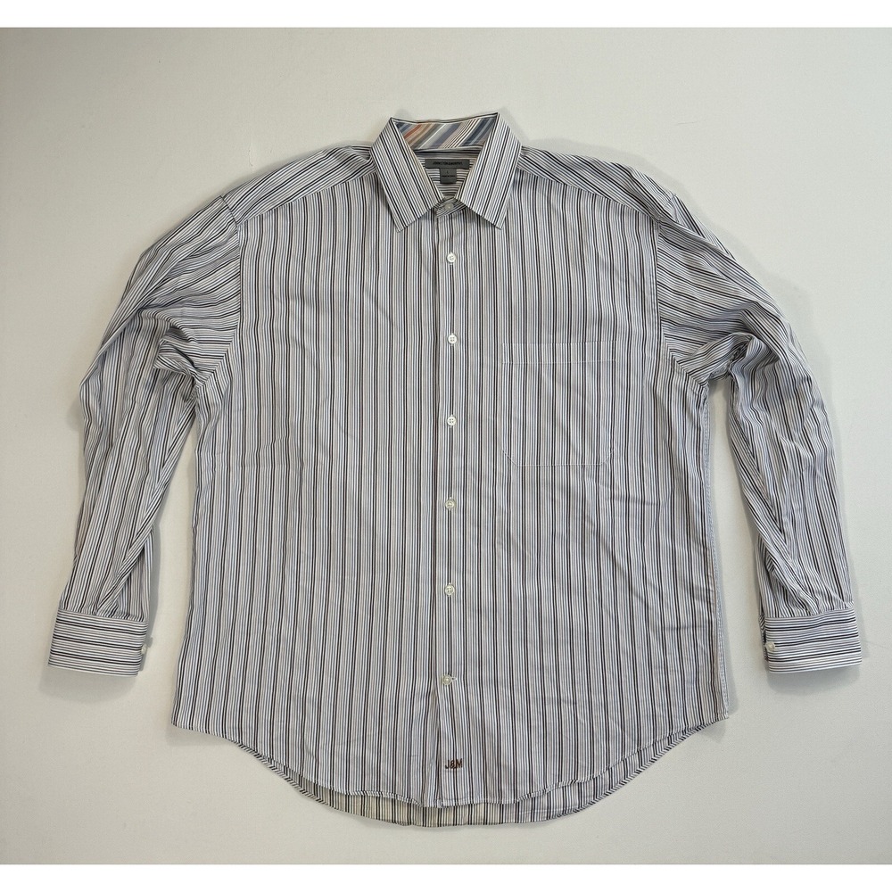 Johnston & Murphy Men’s Large Vertical Striped Button Down Shirt Blue Brown